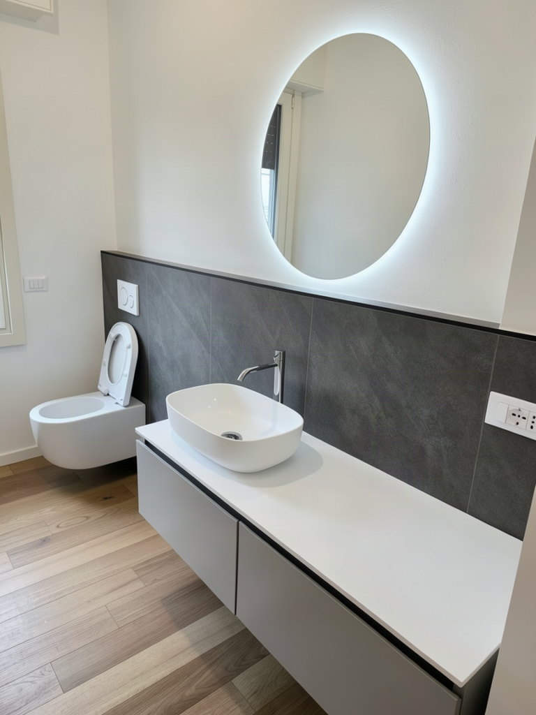 Bagno con lavabo da appoggio, specchio retroilluminato e rivestimento in gres effetto pietra