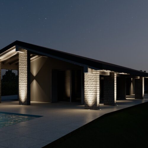 Render notturno della villa a Soiano del Lago: portico continuo con pilastri in pietra illuminati e piscina