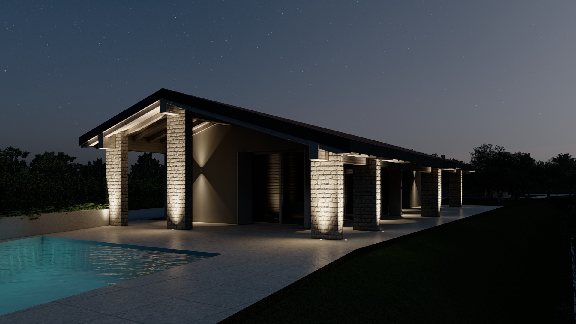Render notturno della villa a Soiano del Lago: portico continuo con pilastri in pietra illuminati e piscina