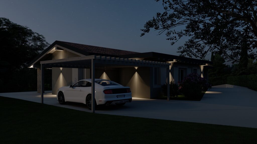 Render notturno dell ingresso della villa con carport in legno e illuminazione a doppia emissione