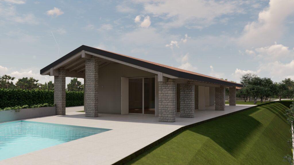 Render diurno della villa a Soiano del Lago: falda unica con sporto profondo che scherma il portico affacciato sulla piscina