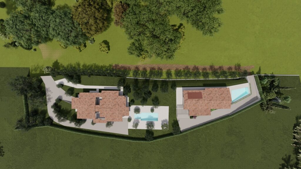 Vista zenitale di progetto con il nuovo corpo edilizio, la piscina lineare e il rapporto con l edificio esistente