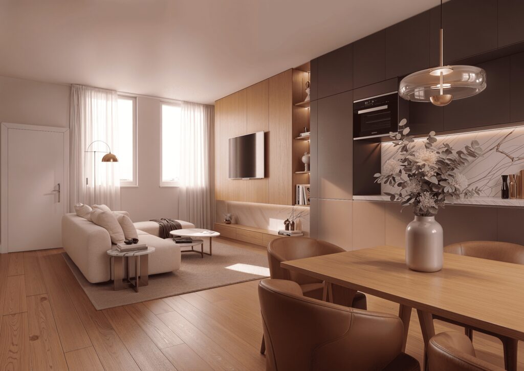 Render del soggiorno con cucina a tutta parete in rovere chiaro e ante scure, progetto Salama a Brescia