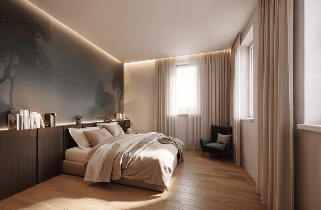 Render della camera da letto con parete scura dietro il letto e luce in gola a soffitto, progetto Salama a Brescia