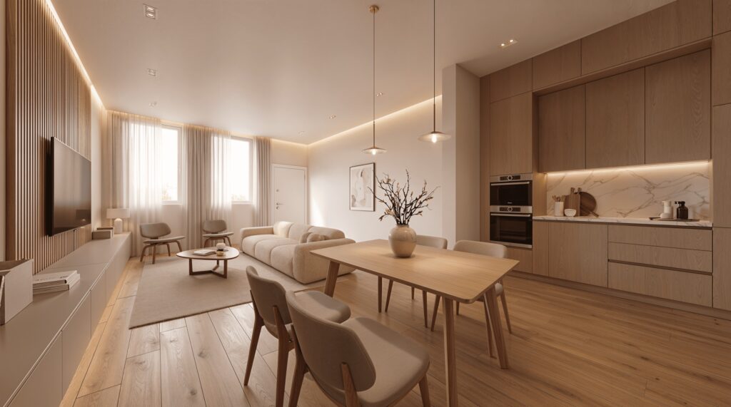 Render del soggiorno con cucina lineare in rovere chiaro e parete TV a doghe, progetto Salama a Brescia