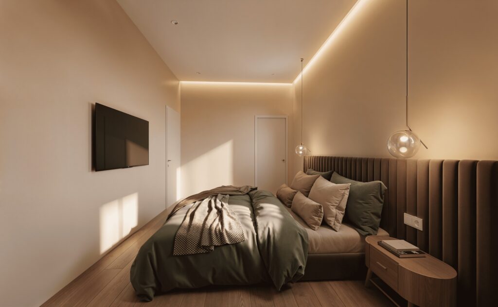 Render della camera da letto con testata imbottita a tutta parete e sospensioni, progetto Salama a Brescia
