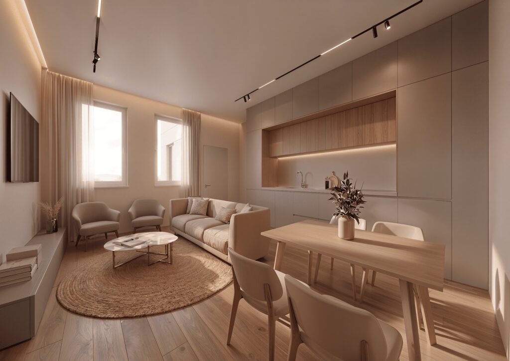 Render di un soggiorno compatto con zona pranzo, cucina a scomparsa e binario di illuminazione, progetto Salama a Brescia