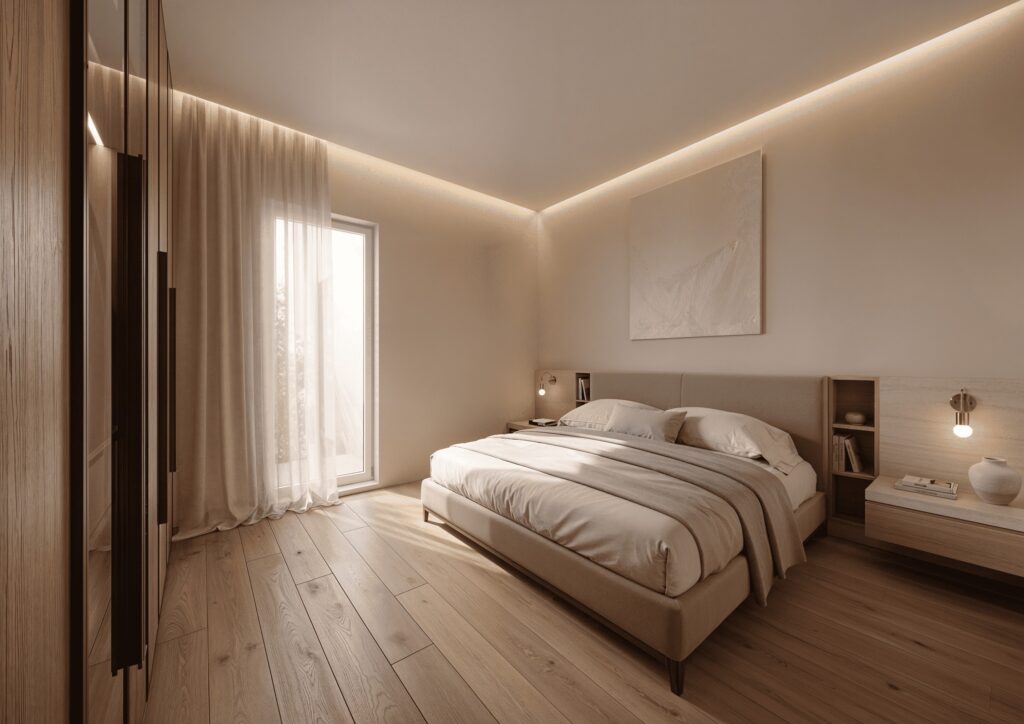 Render della camera da letto con armadio a filo muro e testata contenitiva, progetto Salama a Brescia