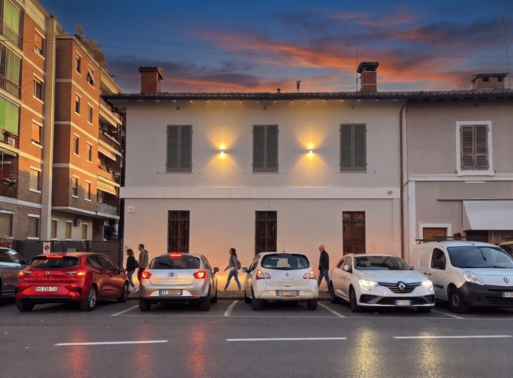 Fotoinserimento con simulazione dell illuminazione notturna della facciata su strada, progetto Salama a Brescia