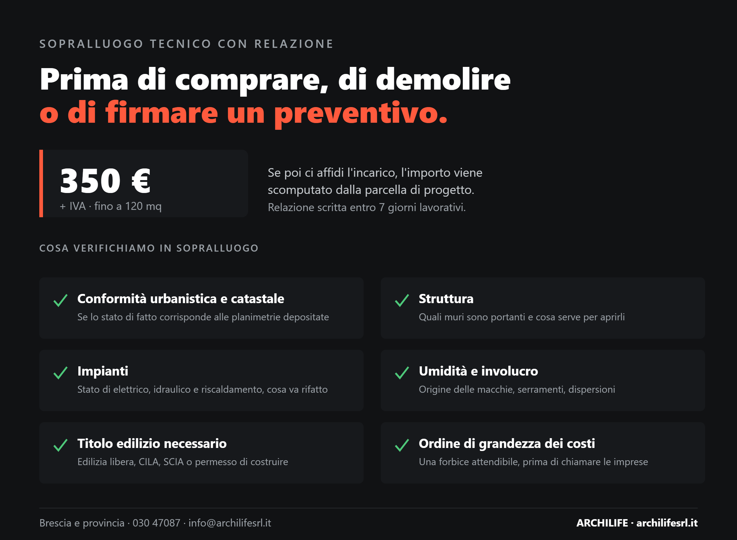 Sopralluogo tecnico Archilife a Brescia, 350 euro più IVA: conformità urbanistica e catastale, struttura, impianti, umidità, titolo edilizio e ordine di grandezza dei costi